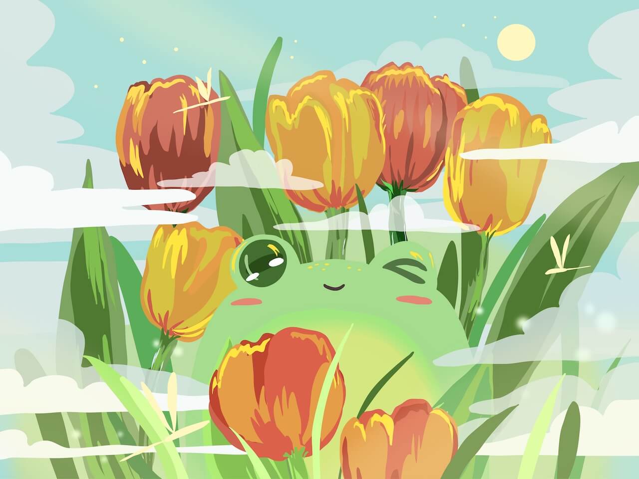 A whimsical illustration of a green frog peeking through vibrant tulips under a sunny sky