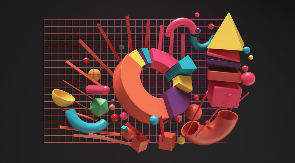 Abstract 3D composition with colorful geometric shapes on a grid.