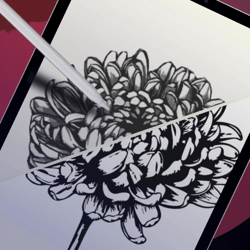 An apple pencil, an iPad, showcasing Vectornator's Auto Trace feature with a black and white ink drawing of a flower. 