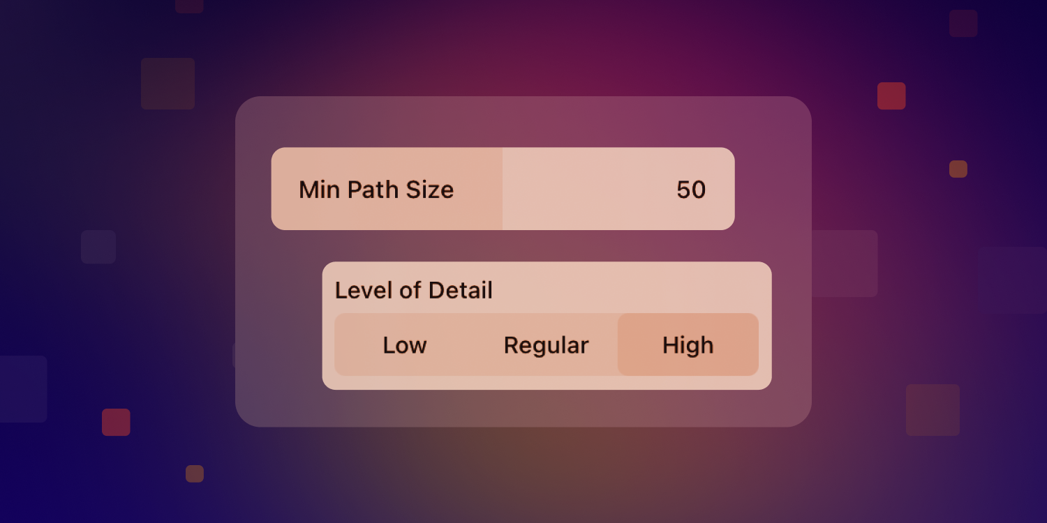 Interface sliders for "Min Path Size" and "Level of Detail" on a purple backdrop