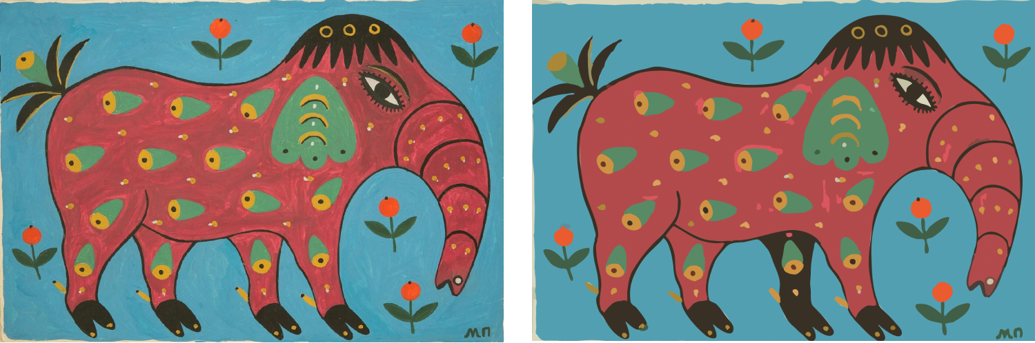 The image shows a pair of colorful, folk-style paintings of a patterned red horse on a blue background