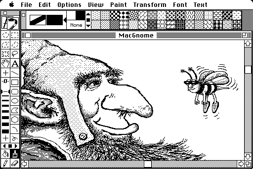 Black and white raster graphics of a dwarf with a bee