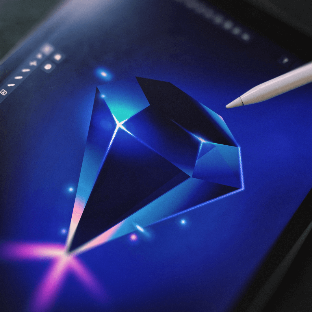 Digital illustration of a glowing blue diamond on a tablet screen with a stylus pen