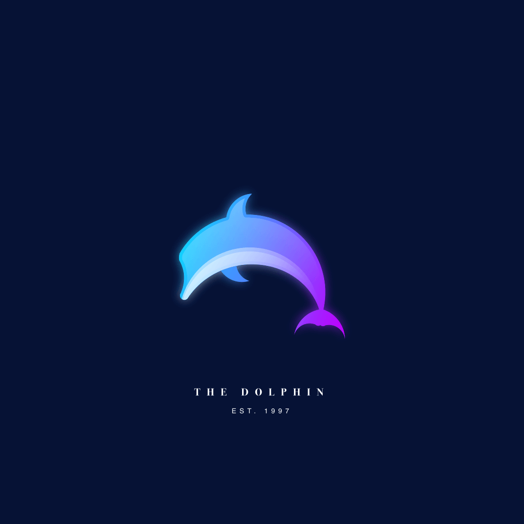 Neon blue and purple dolphin logo with the text 'THE DOLPHIN EST. 1997'