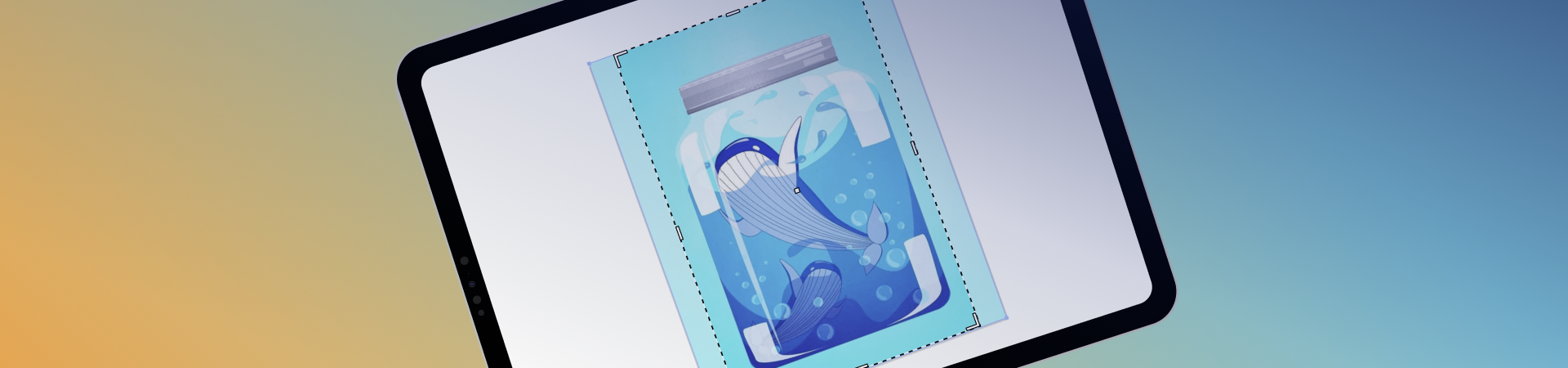 iPad screen showing a whale in a jar 