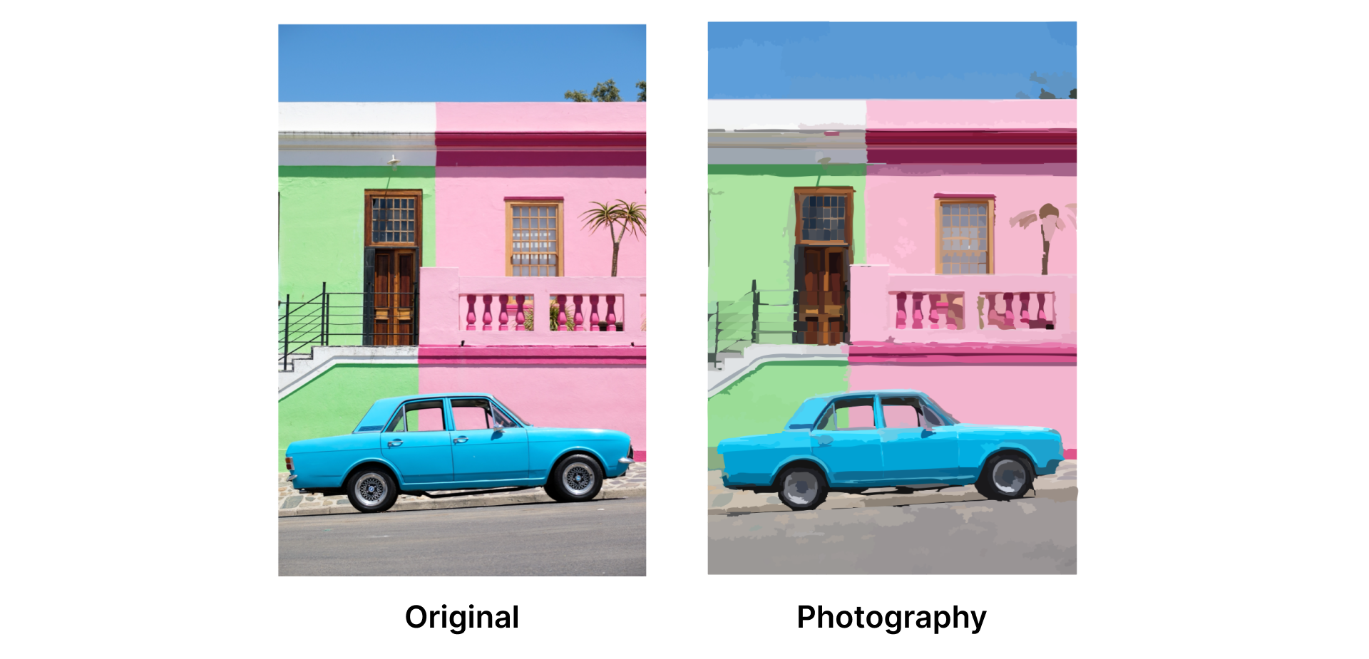 Two images of a blue car in front of a pink and green house