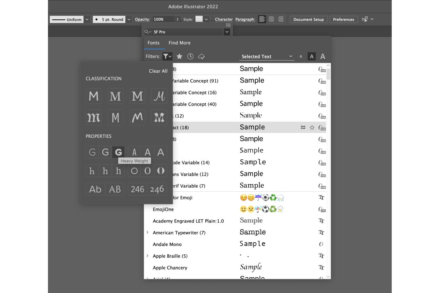 Adobe Illustrator Typekit properties