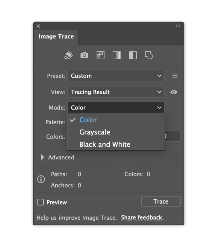 Image Trace color mode in 