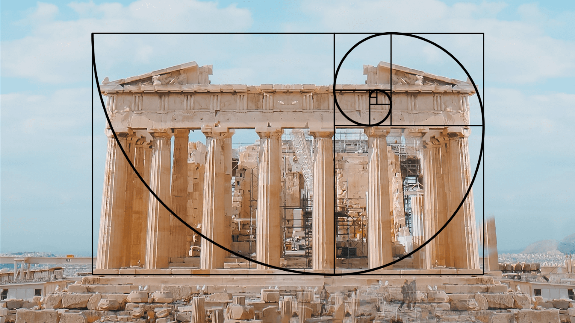 Fibonacci spiral over a greek temple