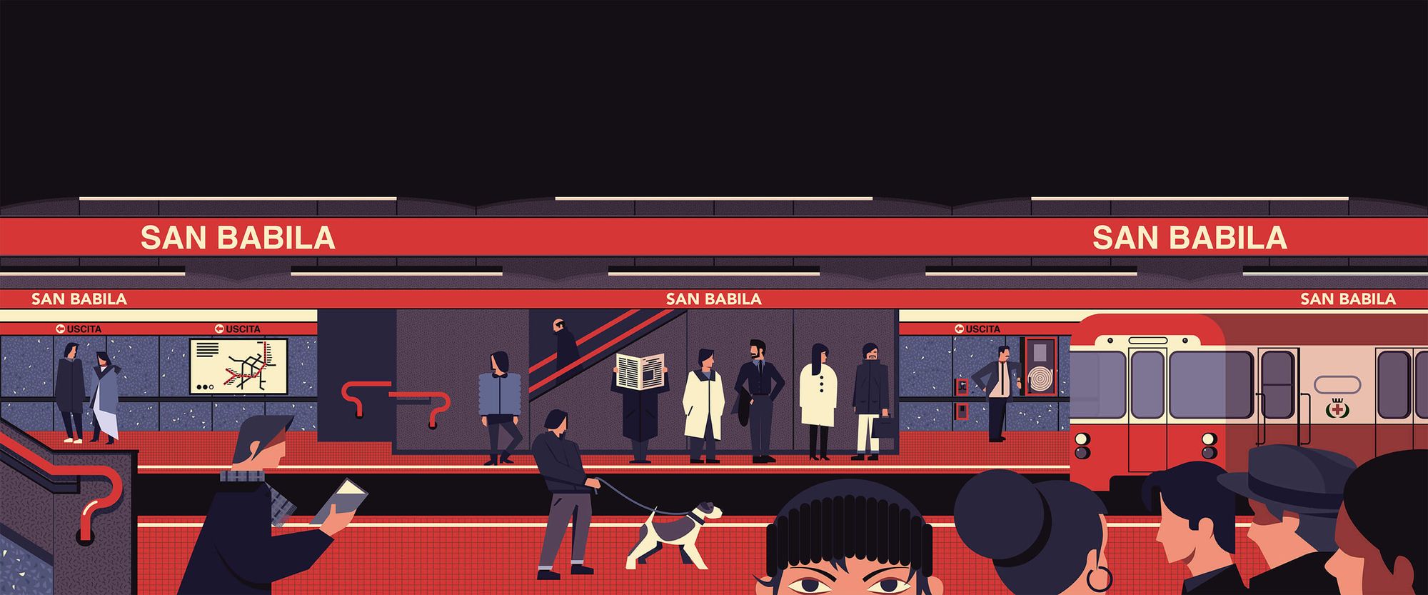 Stylized illustration of San Babila metro station with passengers and a train