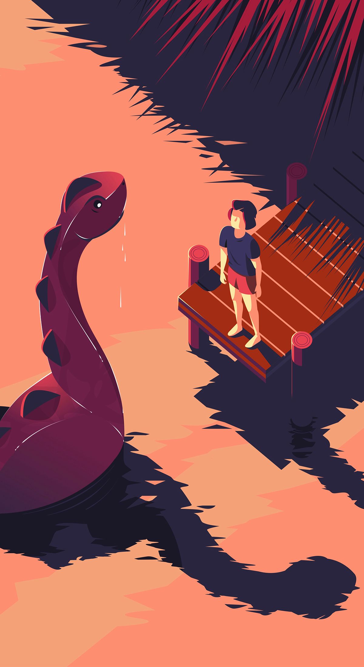 Illustration of a person on a dock looking at a large sea creature in the water at sunset