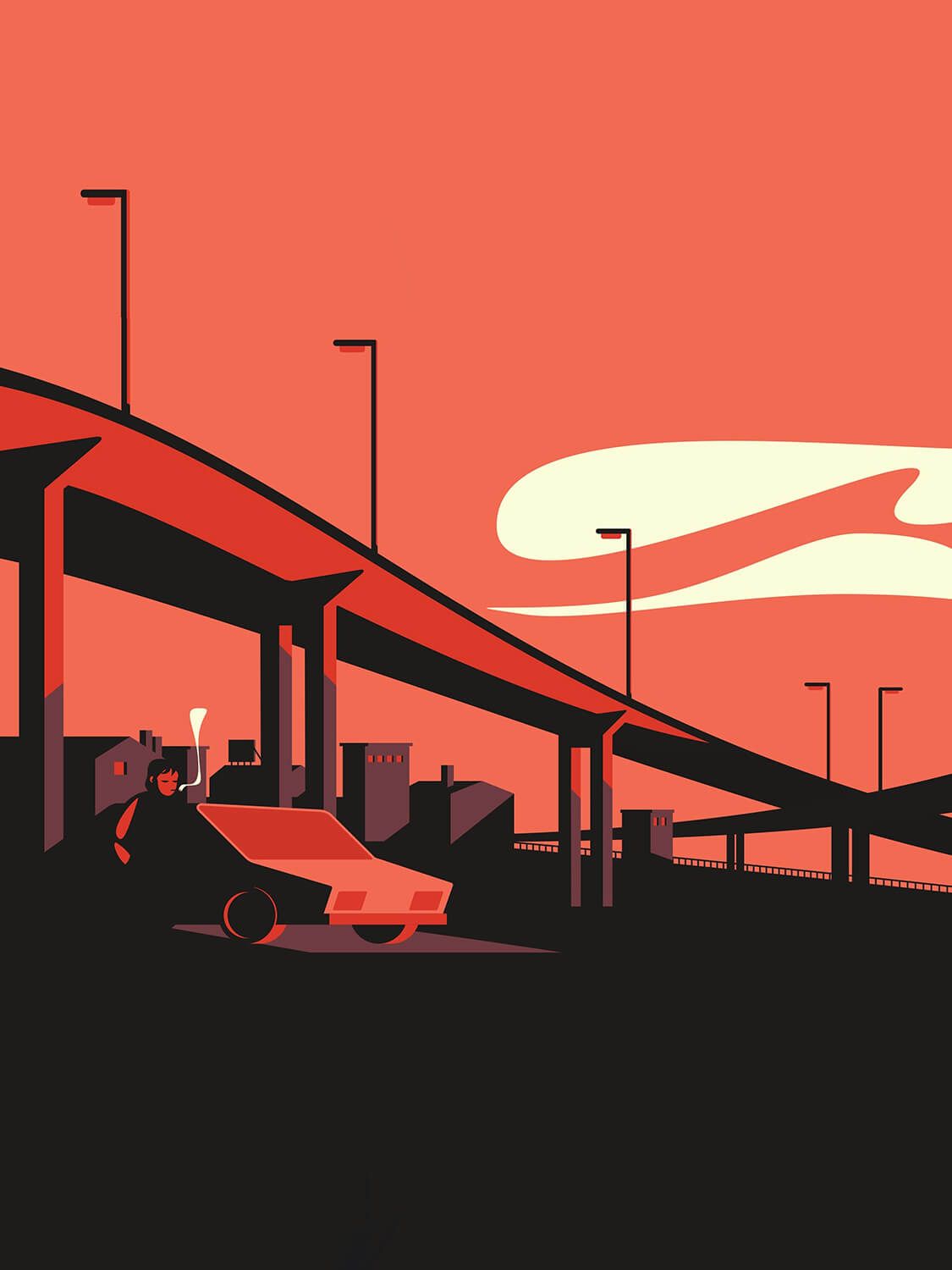 Stylized cityscape with overpasses and a car at dusk
