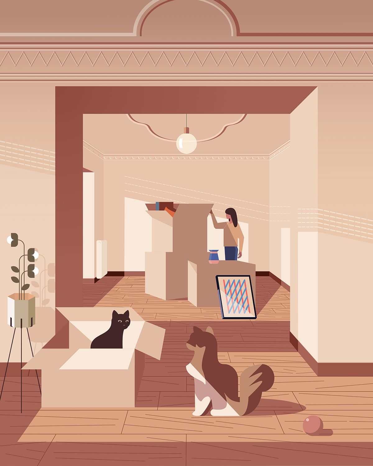 Illustration of cats in a room with a person unpacking a box