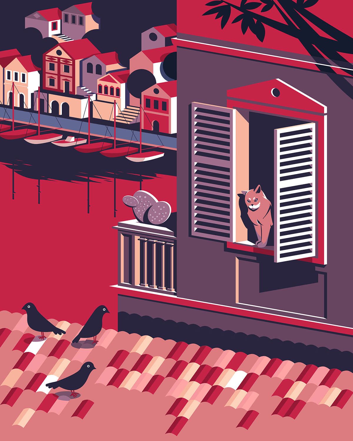 Stylized image of a seaside town with houses, a cat in the window, and pigeons on the roof