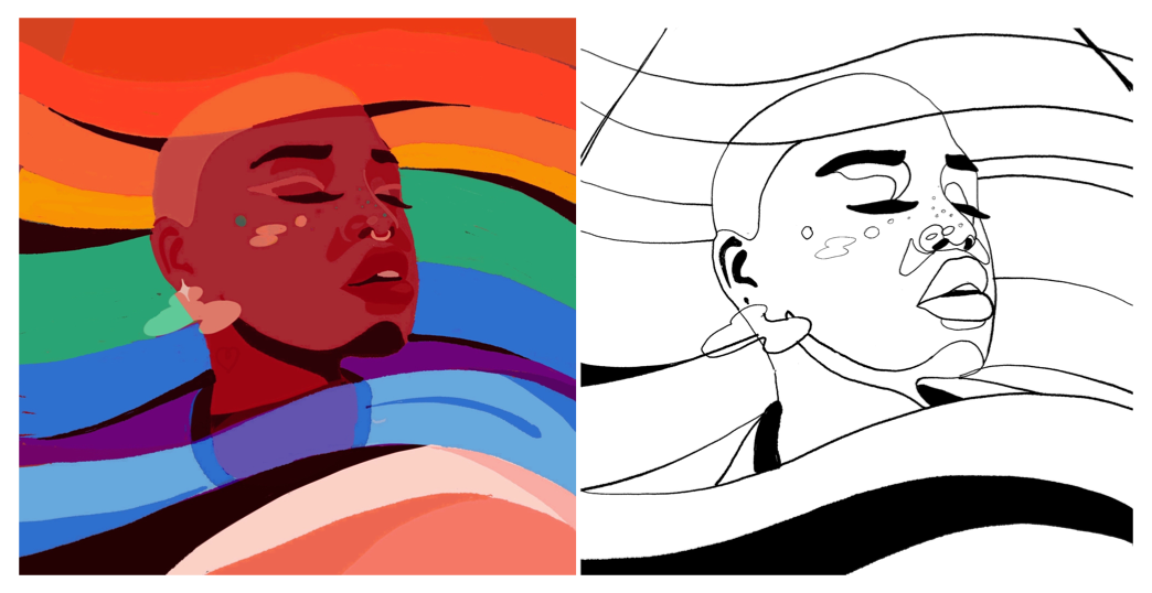 Diptych of a person's portrait, one side in vibrant colors, the other in black and white outlines