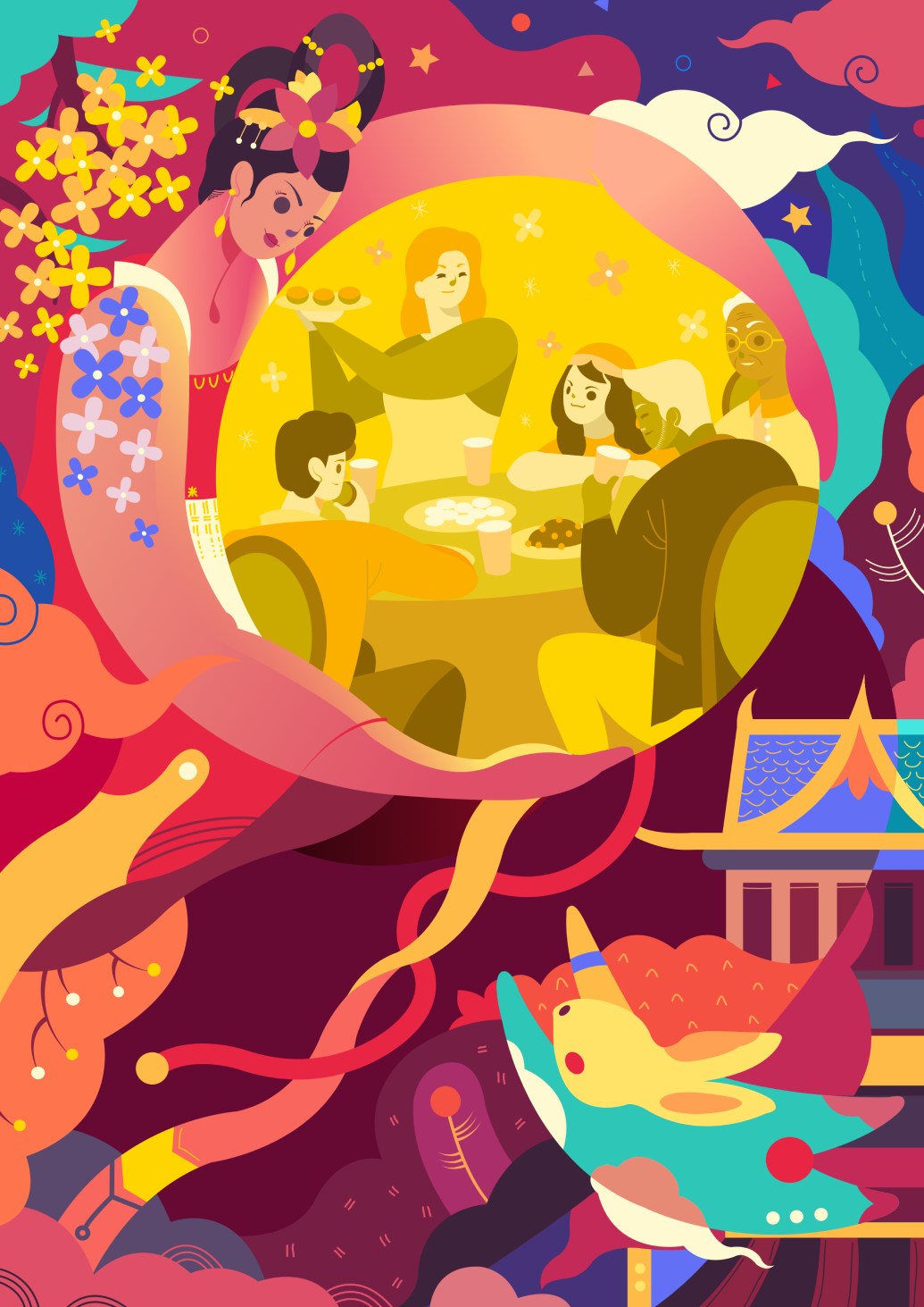Colorful illustrated scene with figures and cultural elements