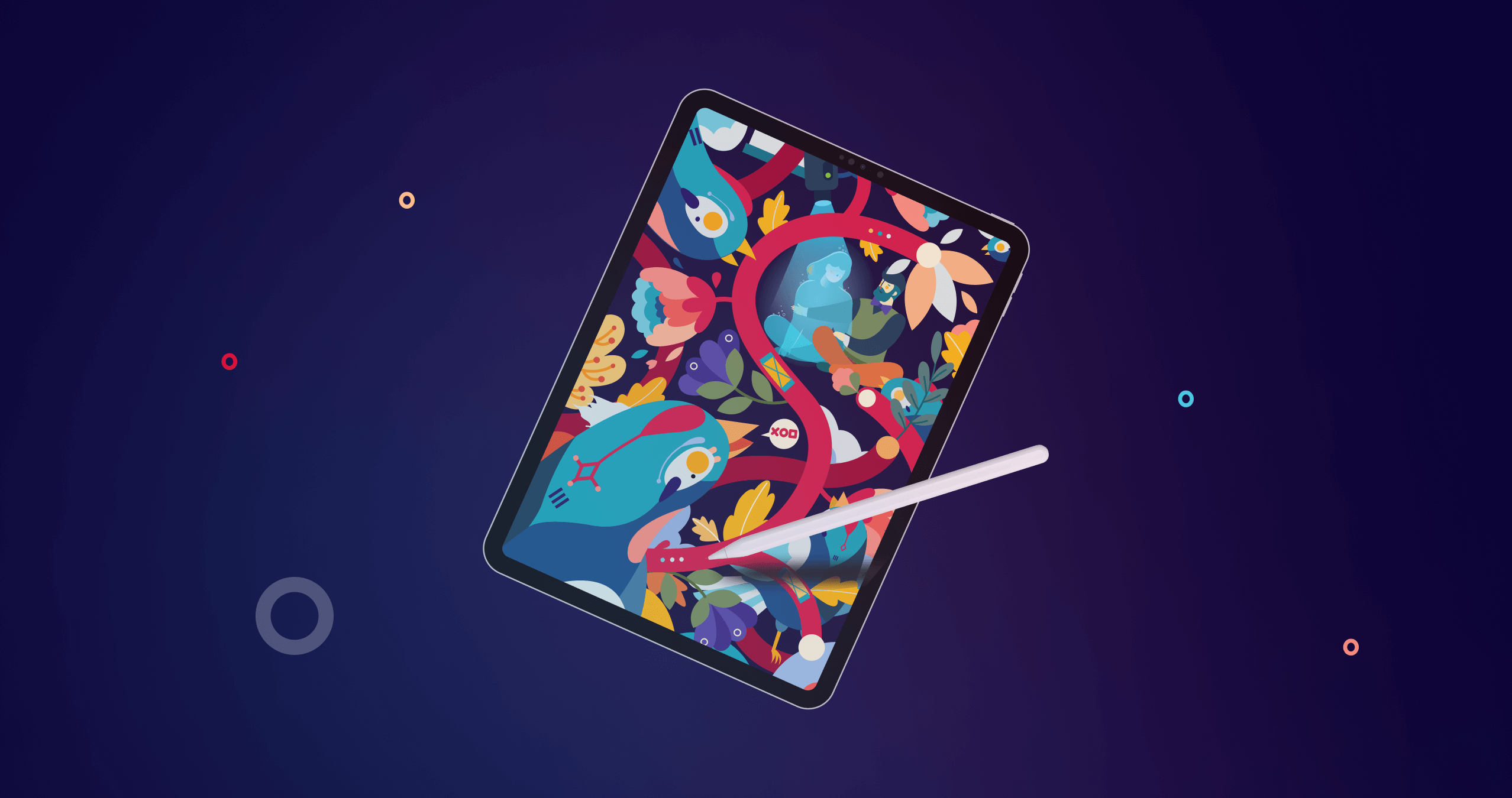 Tablet with colorful abstract art on the screen and a stylus pen