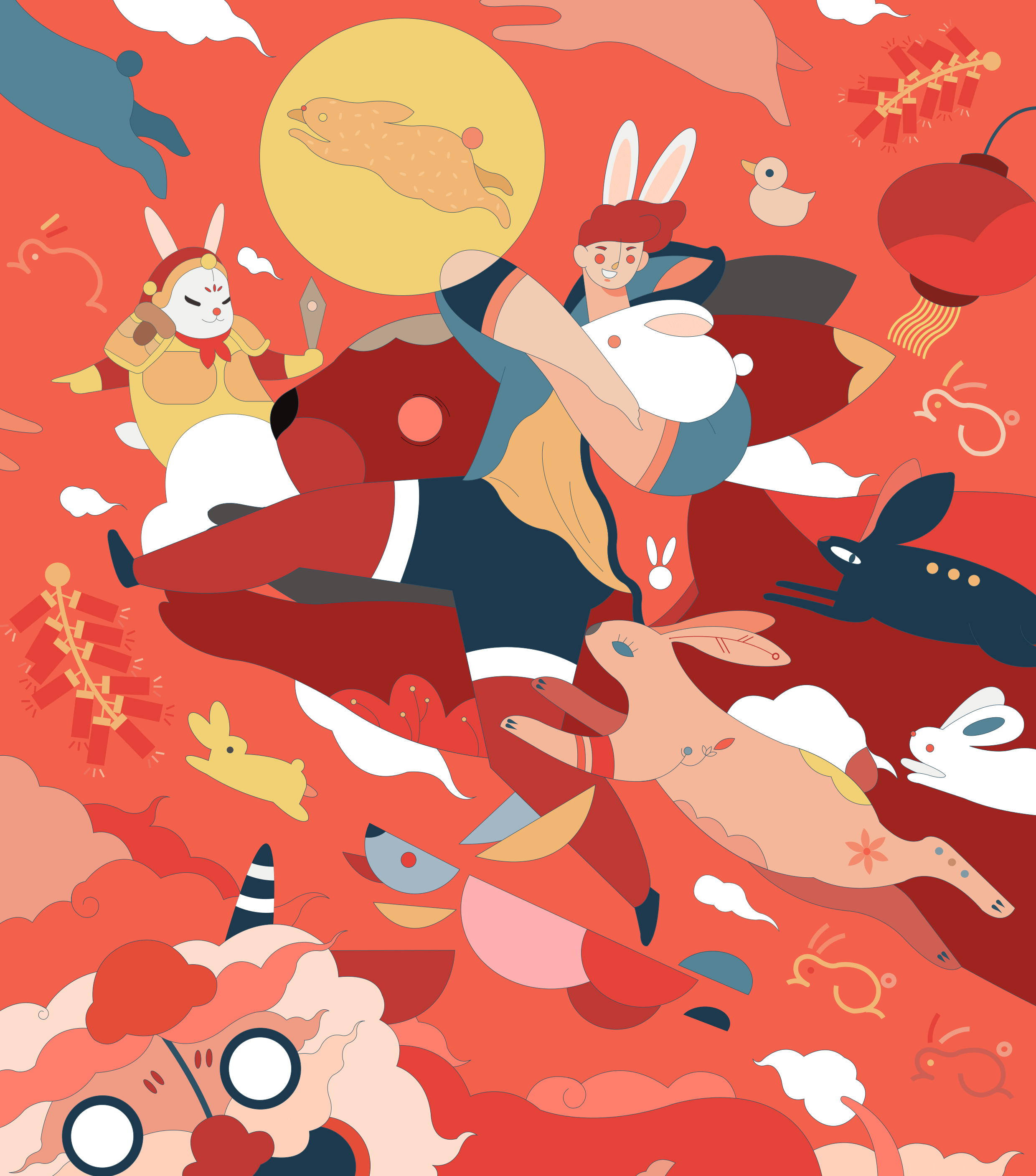  Illustration with rabbits and folklore elements
