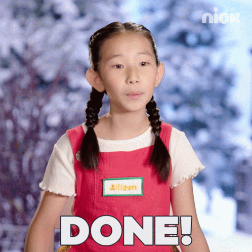 Girl with braids clapping hands with the text "DONE!" displayed