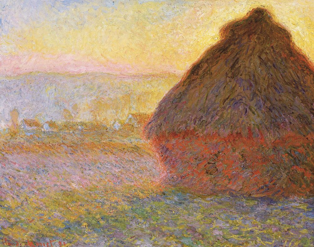 Impressionist painting of a haystack at dusk