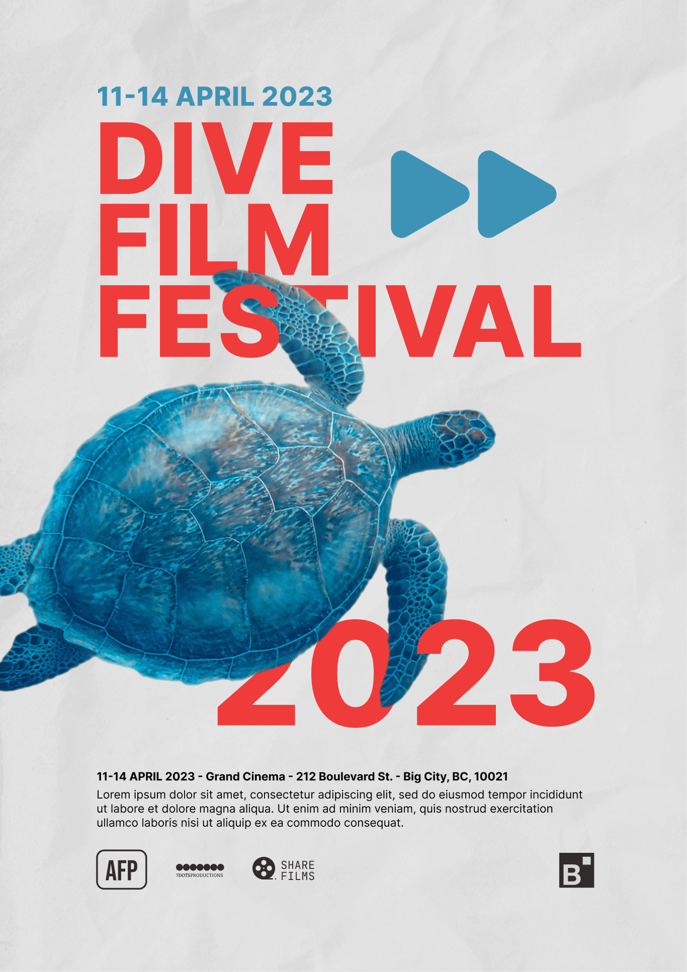  Poster for the Dive Film Festival, dated April 11-14, 2023, featuring a sea turtle
