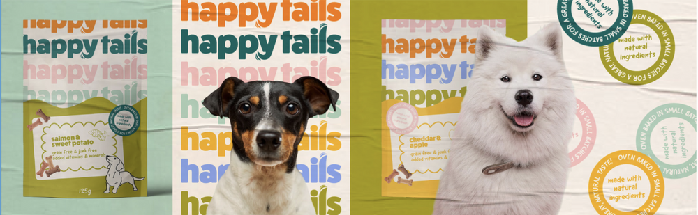 Dogs in front of a backdrop with 'happy tails' text and pet food packaging
