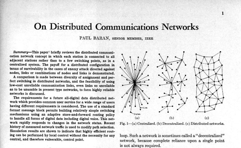First page of 'On Distributed Communications Networks' paper with network diagrams