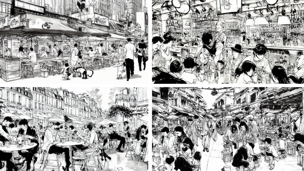 Black and white illustrations of busy street scenes