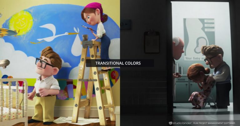 Split image showing animated characters painting and peeking through a door