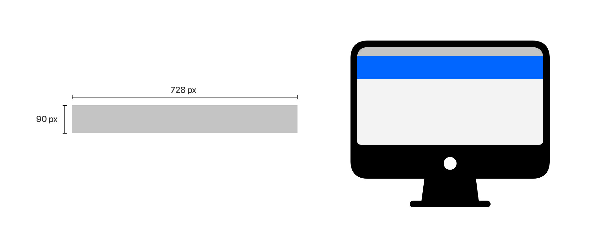Illustration of a gray banner, measuring 728 by 90 pixels, next to a desktop monitor displaying a blue and white screen