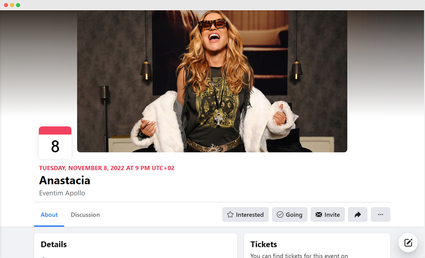 Woman in sunglasses laughing, event details for Anastacia concert.