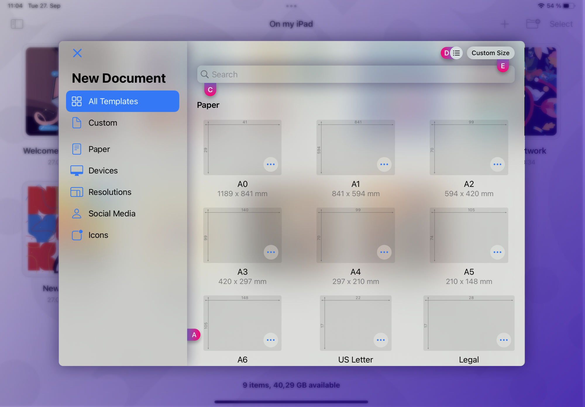 iPad screen showing a document creation interface with various paper size options.