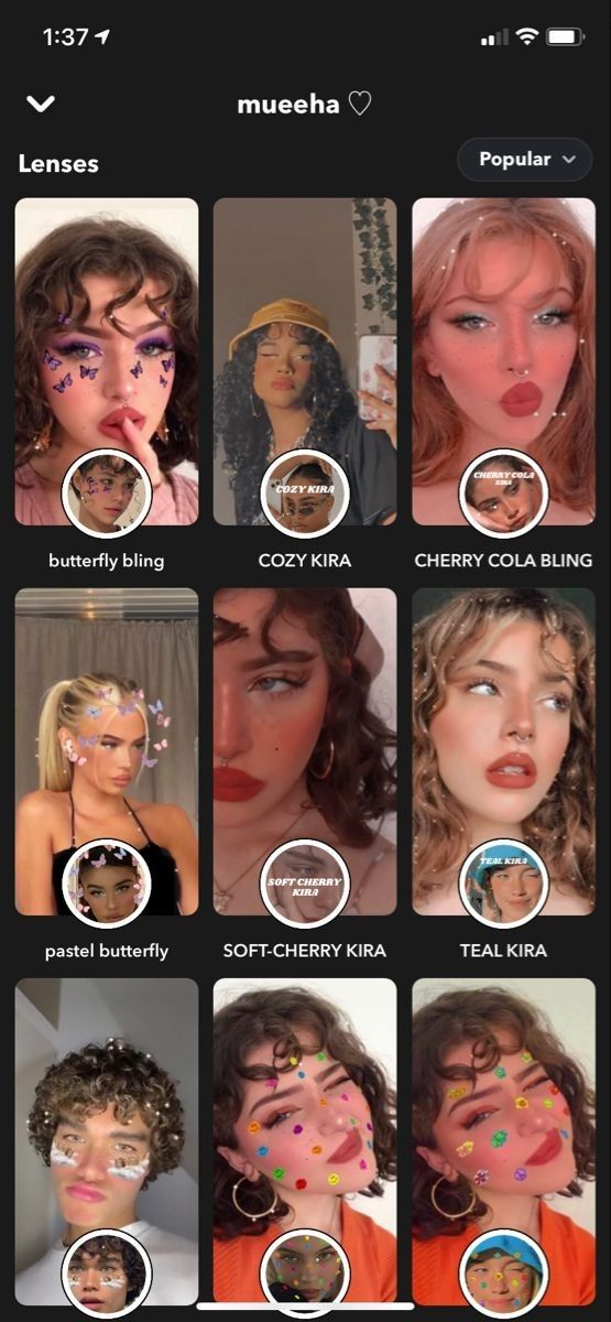 Social media filters page with user 'mueeha' showcasing named filters on portraits.