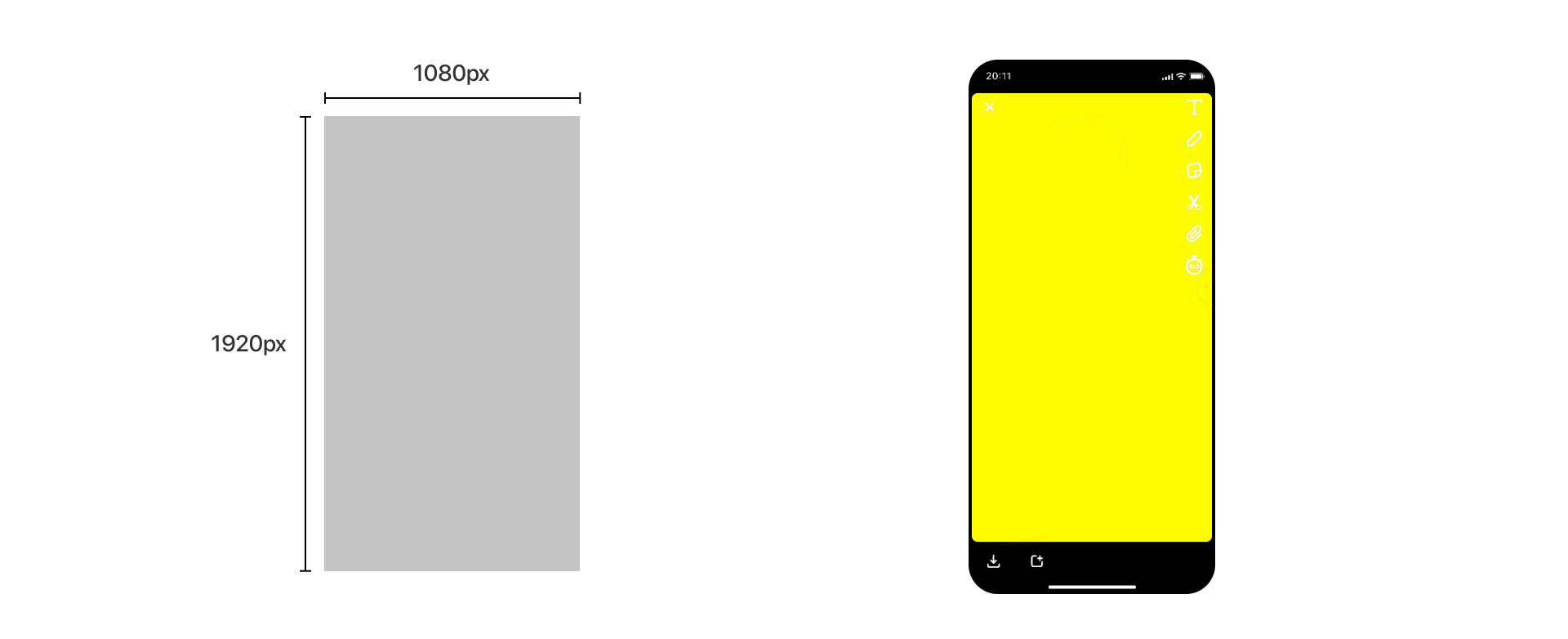 Comparison of mobile screen in portrait and landscape modes with dimensions labeled.