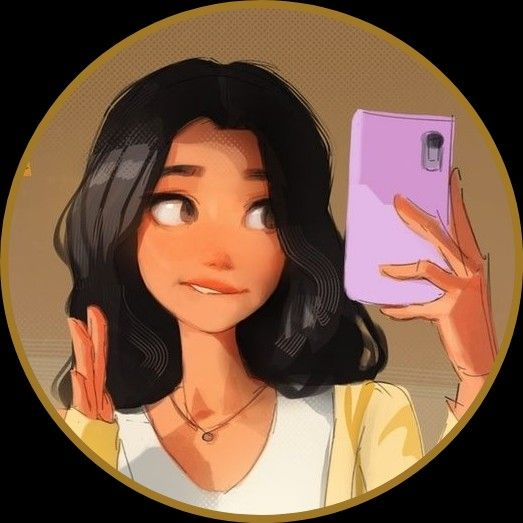 Animated character with black hair taking a selfie with a purple phone