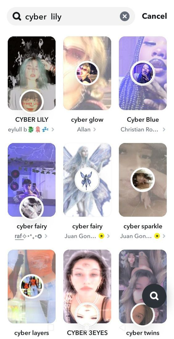 Social media search results for 'cyber lily' with assorted user profile thumbnails.