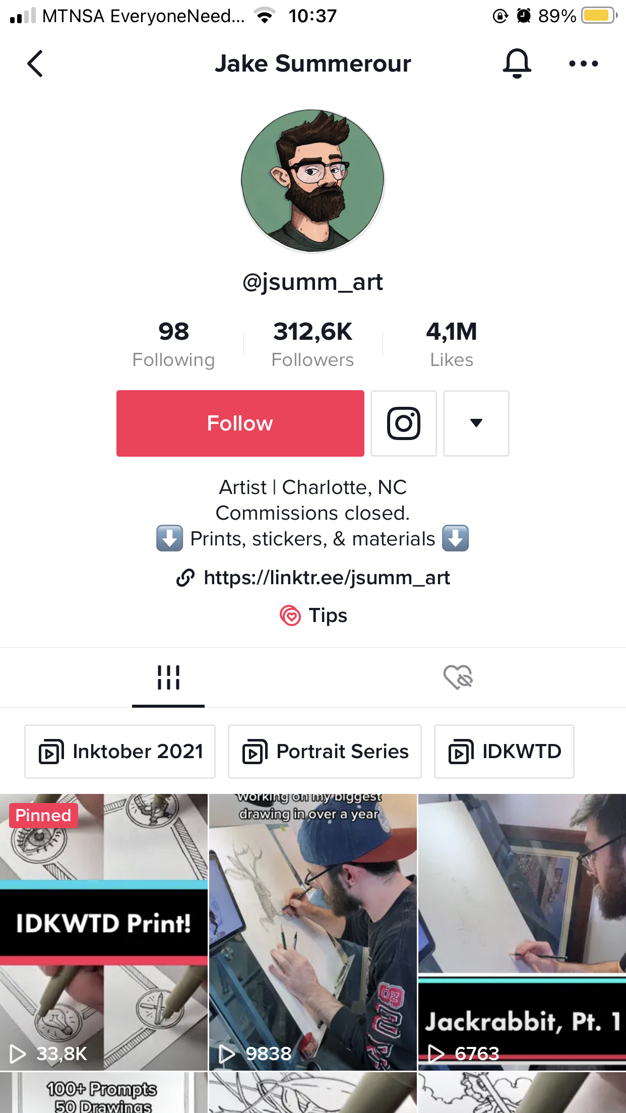 TikTok profile overview of artist Jake Summerour with content thumbnails and social metrics.