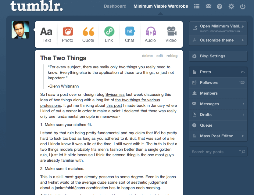  Tumblr blog interface showing a post titled "The Two Things" with user engagement options.