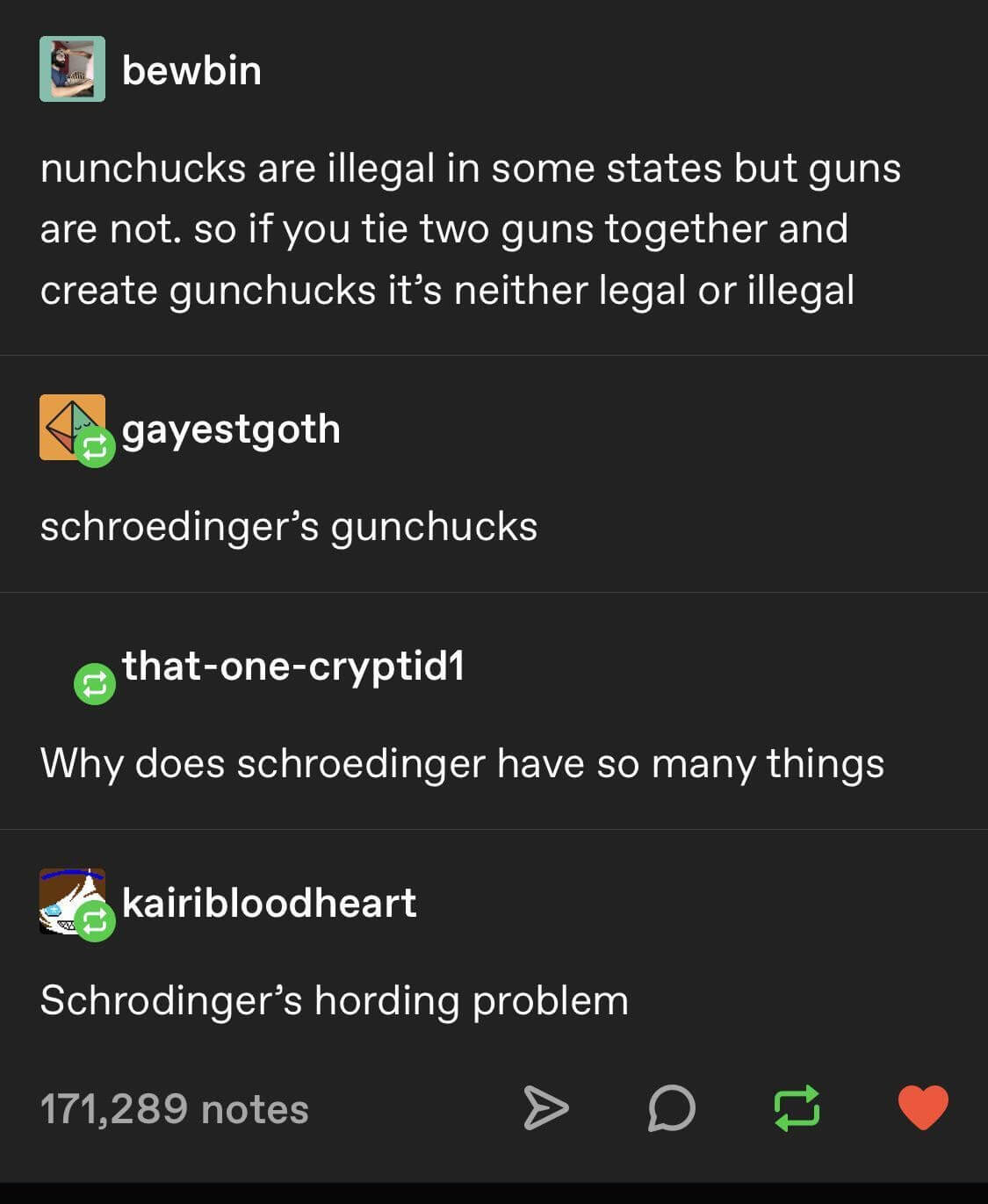 Tumblr conversation humorously debating the concept of "gunchucks".