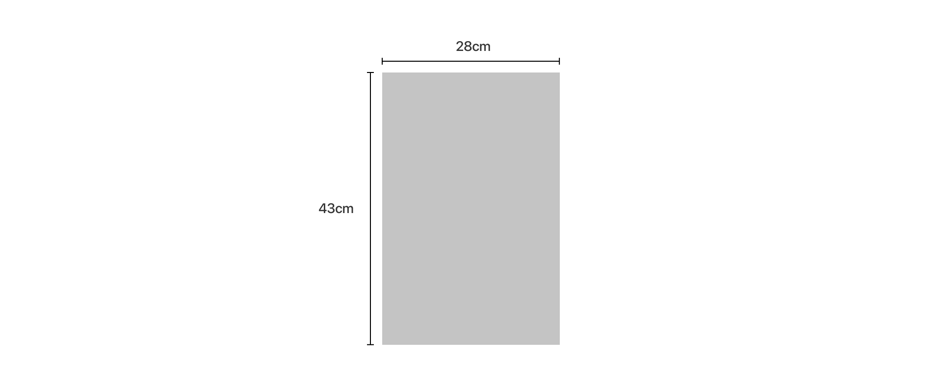 Simple graphic of a rectangle with dimensions 28cm by 43cm