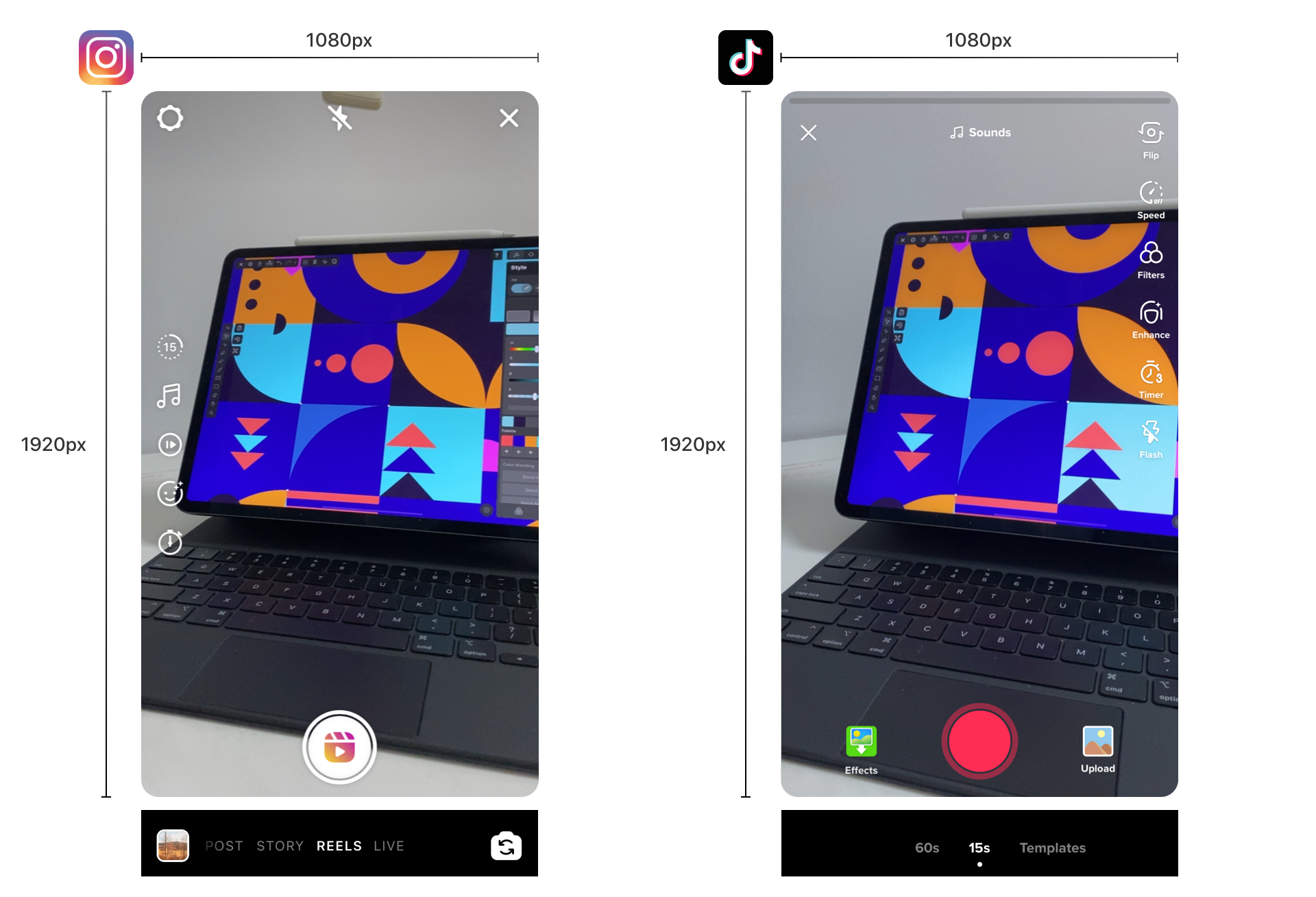 Laptop with graphic design on screen, within Instagram and TikTok upload interfaces.