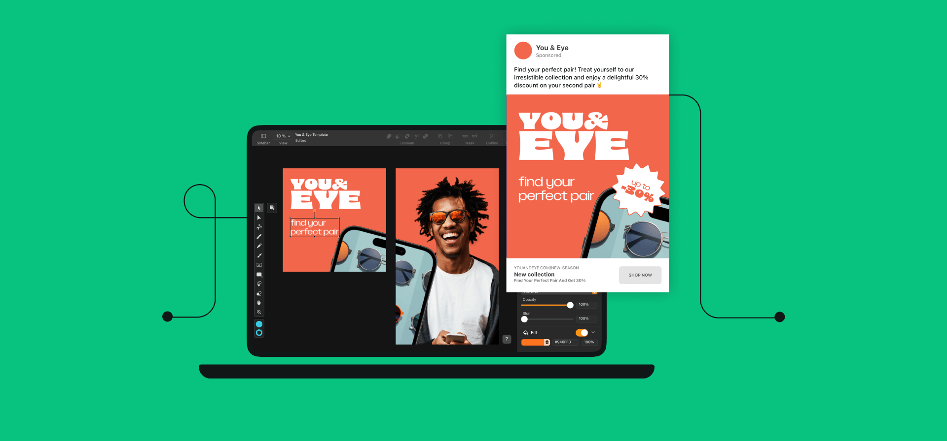 Laptop with 'You & Eye' eyewear ad design on green backdrop