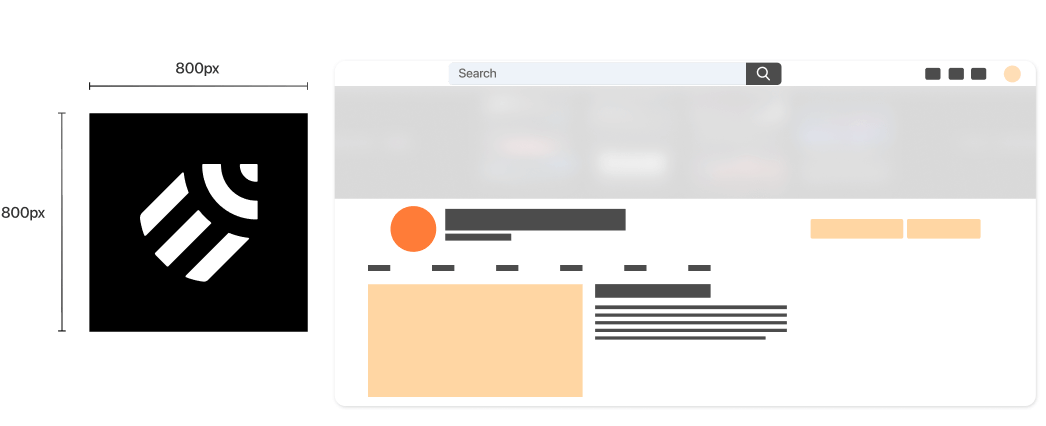 Web browser mockup with abstract search interface and profile icon, dimensions indicated.