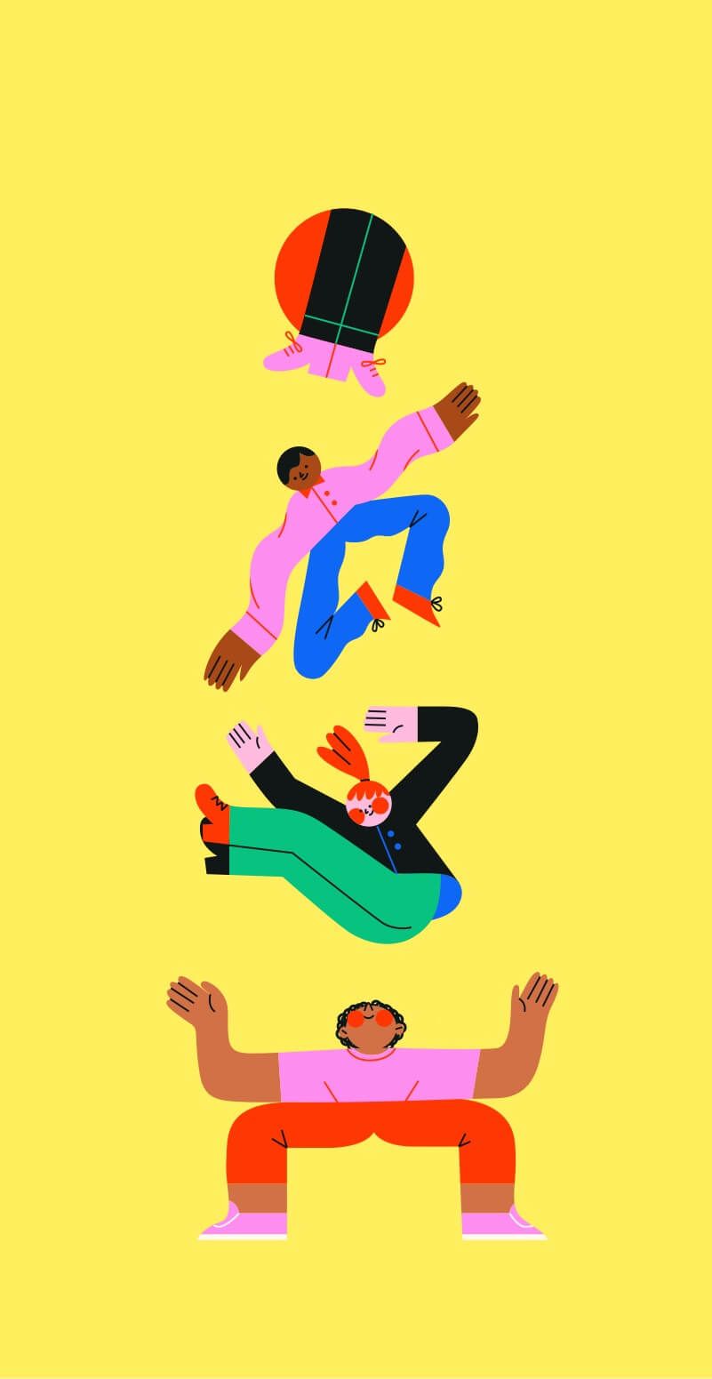 Colorful illustrations of characters jumping by Tania Yakunova for Linearity Curve