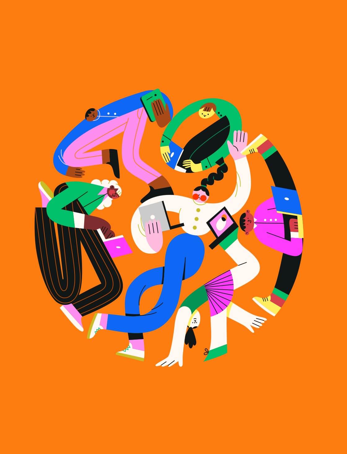 Group of flat-style characters illustration by Tania Yakunova for Linearity Curve