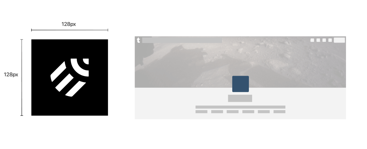 Profile icon and abstract Tumblr interface mockup with labeled dimensions.