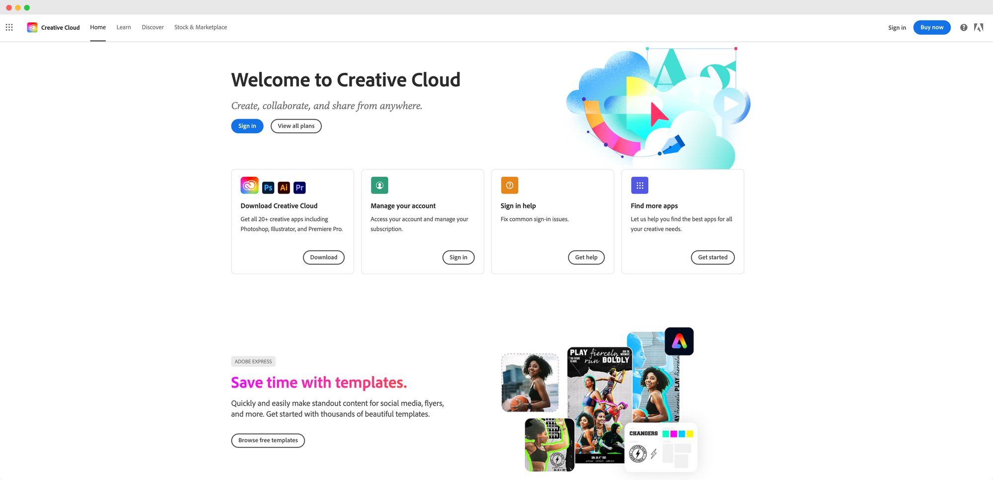 Adobe Creative Cloud website with options to download apps, manage account, and find more apps