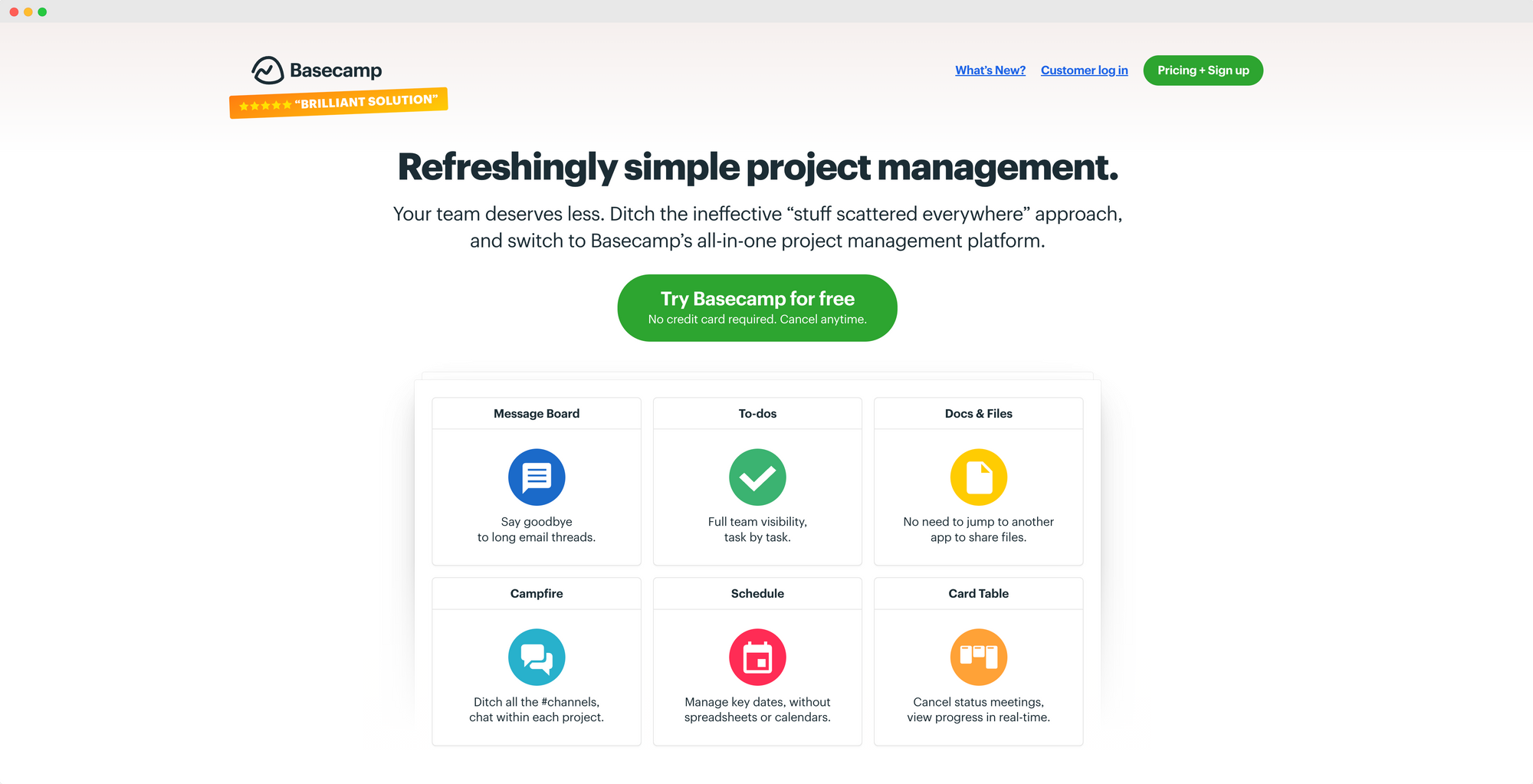  Basecamp's homepage with feature highlights and signup prompt