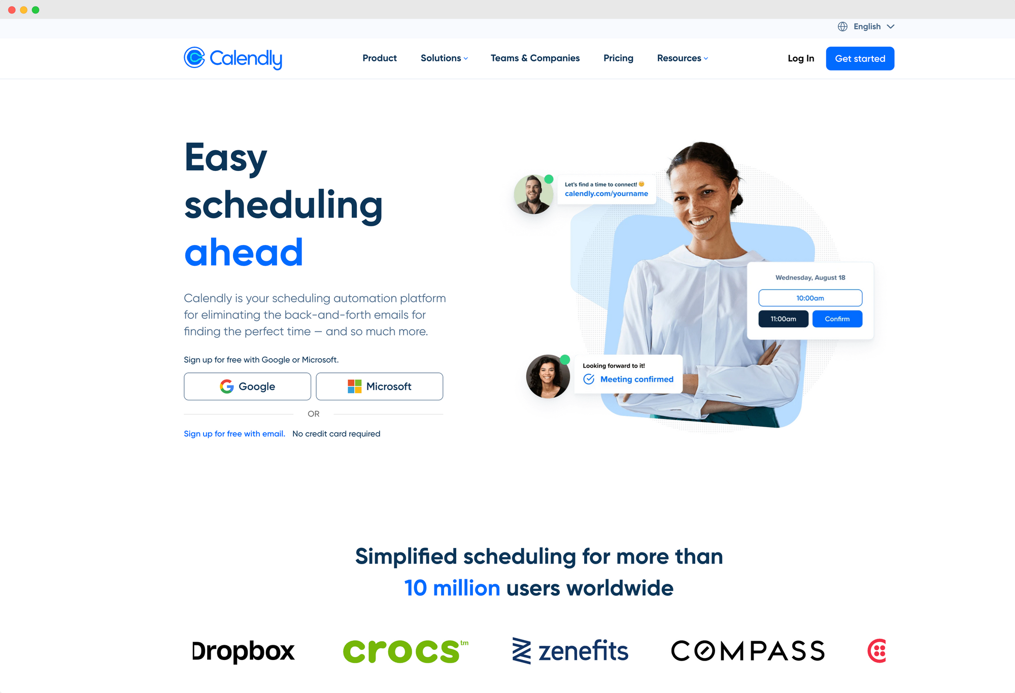 Calendly homepage showcasing easy scheduling features and user testimonials