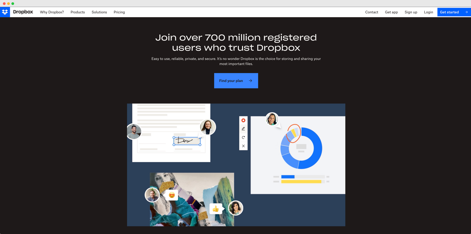 Dropbox homepage interface with user testimonials and file management graphics
